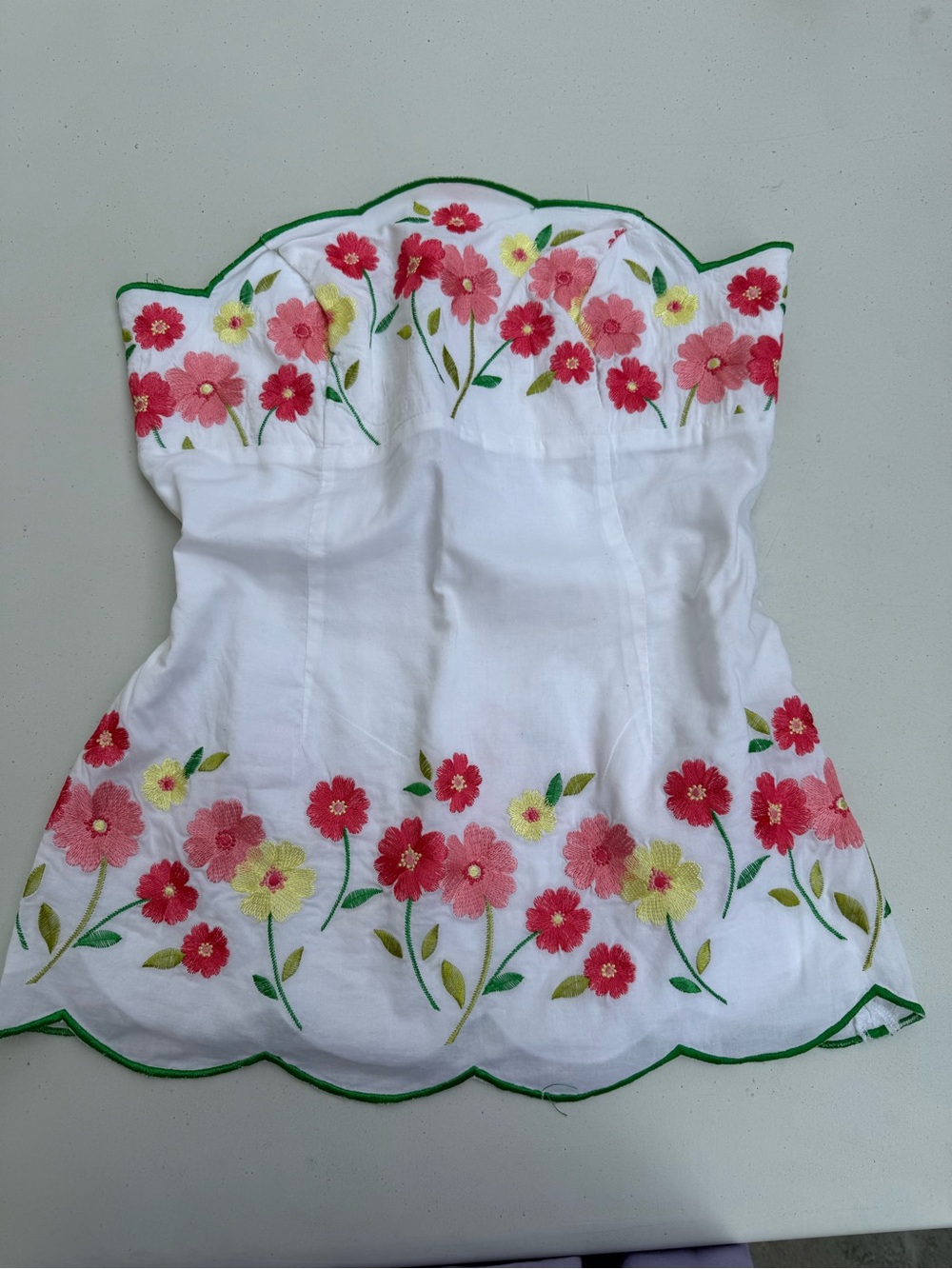 Moda International White Strapless Top with Pink and Yellow Floral Embroidery